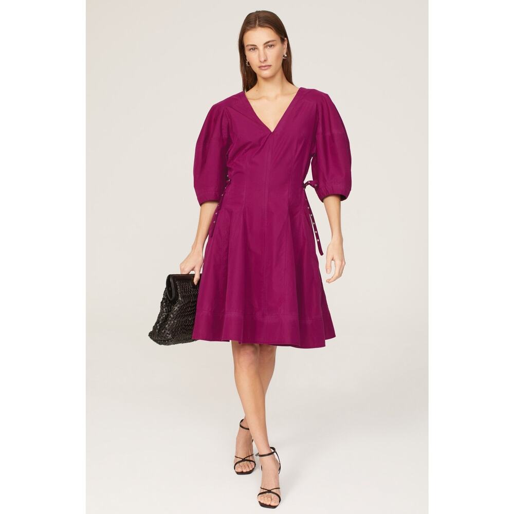 3.1 PHILLIP LIM Purple A-Line V-Neck Puff Sleeves Godet Belted Dress Size 2